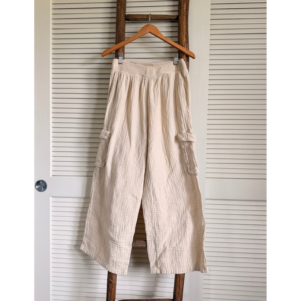 Aerie Cream Cotton Gauze Cargo Pants Wide Leg Smocked Waist Beige Medium Regular - Picture 2 of 5
